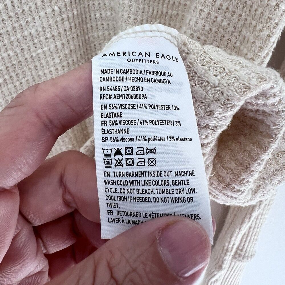 American Eagle Women's Beige Plush Long-Sleeve Henley T-Shirt, Medium Boho - Picture 3 of 7